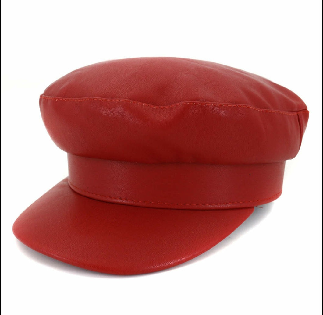 Red leather Beret Hat
