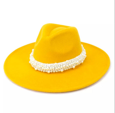 Yellow Hat with Pearl Fedora
